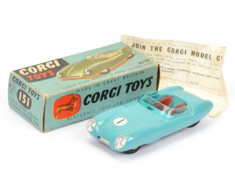 Corgi Toys 151 Lotus Mark 11 Le Mans Racing Car - drab light blue, red seats, silver trim, flat spun hubs and racing No.1 - E