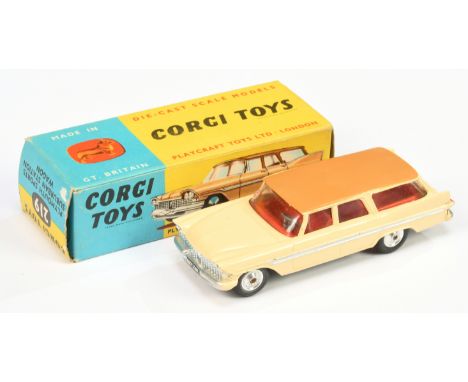 Corgi Toys 219 Plymouth Sports Suburban Wagon - deep cream body , tan roof, red interior, grey base (See-Photo) silver trim a