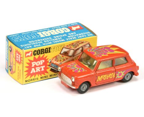 Corgi Toys 349 Morris Mini Minor "POP-ART" - "MOSTEST" - RARE ISSUE - orange-red body, lemon interior, silver trim, cast hubs