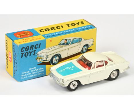 Corgi Toys 258 "The Saints" Volvo P1800 Car - white body, red interior with figure driver, silver trim, spun hubs and blue bo