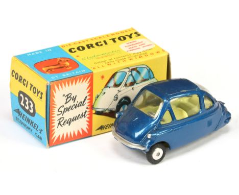 Corgi Toys 233 Heinkel Economy Car - blue body, lemon interior, silver trim and flat spun hubs - Excellent (small scratch on 