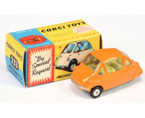 Corgi Toys 233 Heinkel Economy Car - orange body, lemon interior, silver trim and flat spun hubs - Excellent Plus in a Near M