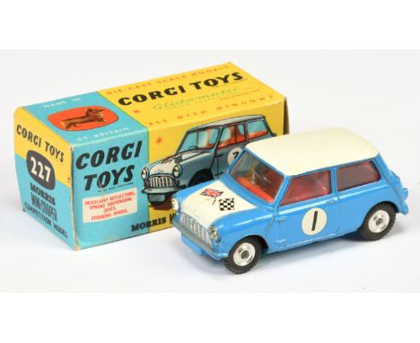 Corgi Toys 227 Morris Mini Cooper "Competition Model" - blue body with white roof and bonnet, red interior, silver trim, spun