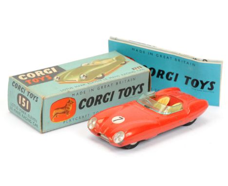 Corgi Toys 151 Lotus Mark 11 Le Mans Racing Car - red, cream seats, silver trim, flat spun hubs&nbsp; and racing No.7 - Good 