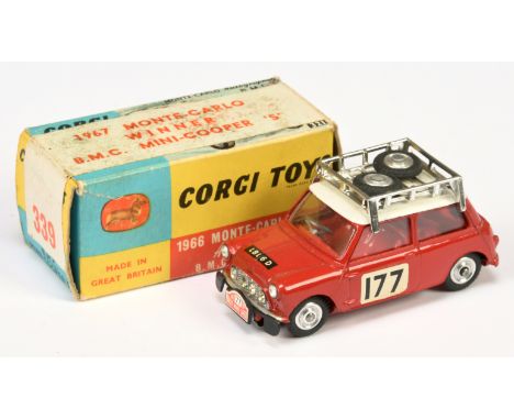 Corgi Toys 339 BMC Mini Cooper S "Rallye Monte-Carlo" - red body and interior, white roof with chrome rack and spare spun hub