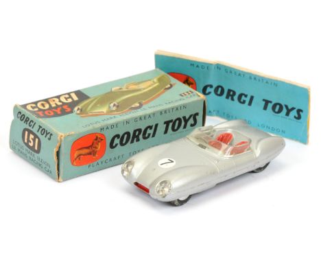 Corgi Toys 151 Lotus Mark 11 Le Mans Racing Car - silver, red seats and trim, flat spun hubs&nbsp; and racing No.7 - Good Plu