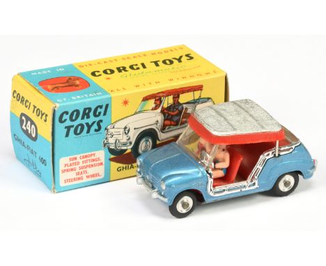 Corgi Toys 240 Ghia-Fiat 600 Jolly - metallic blue body, red interior with figures, silver and red plastic canopy, chrome tri