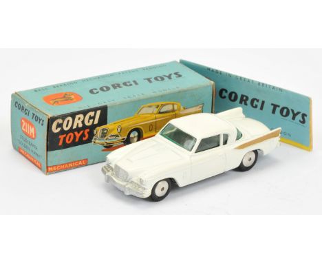 Corgi Toys 211M Studebaker "Golden Hawk" - white body, gold rear side flashes, mechanical motor, silver trim and flat spun hu