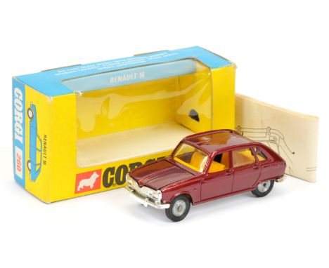 Corgi Toys 260 Renault R16 Saloon - metallic maroon body, yellow interior, chrome trim, grey plastic tow hook and cast hubs -