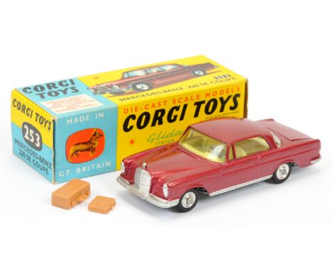 Corgi Toys 253 Mercedes 220SE Coupe - metallic light maroon body, lemon interior, silver trim, spun hubs plus large and small