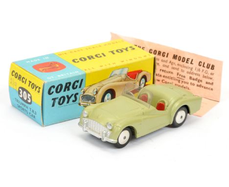 Corgi Toys 305 Triumph TR3 Sports Car - green body, red seats, silver trim and flat spun hubs - Excellent Plus in Good Plus t