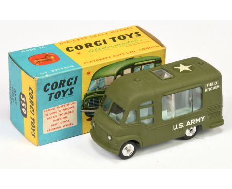 Corgi toys 359 Smiths Karrier "US Army" Field Kitchen - green, pale blue interior with figure and spun hubs - Near Mint in a 