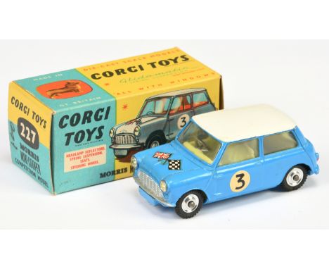 Corgi Toys 227 Morris Mini Cooper "Competition Model" - blue body and bonnet with white roof, lemon interior, silver trim, sp