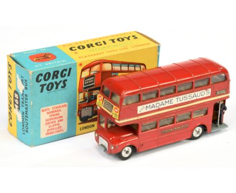 Corgi toys 468 "London Transport" Routemaster Bus - "Madame Tussaud's" side decals - red body, cream interior, yellow stairs,