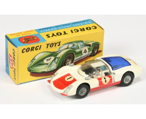 Corgi Toys 330 Porsche Carrera 6 - white body, red doors and bonnet, black interior with figure, blue engine cover, cast hubs