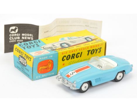 Corgi Toys 303S Mercedes 300SL Open Roadster "Competition Model" - light blue body, white interior, silver trim, racing No.5 