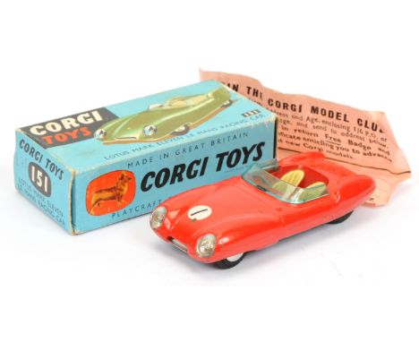 Corgi Toys 151 Lotus Mark 11 Le Mans Racing Car -red, cream seats, silver trim, flat spun hubs&nbsp; and racing No.1 - Good P