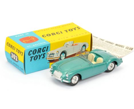 Corgi Toys 302 MGA Sports Car - green body, cream seats, silver trim and spun hubs - Near Mint lovely example in a Excellent 