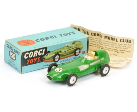 Corgi Toys 150 Vanwall Formula 1 "Grand Prix" Racing car - green body, pale yellow interior with figure driver, silver trim, 