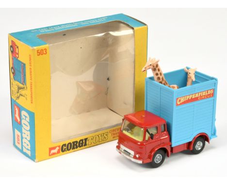 Corgi toys 487 "Chipperfields Circus" Bedford TK Giraffe Transporter - red cab and chassis, blue plastic back, lemon interior