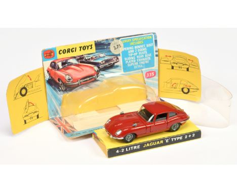 Corgi Toys 335 Jaguar 4.2 E-Type - red body, black interior, separate exhaust system, chrome trim and wire wheels - Excellent