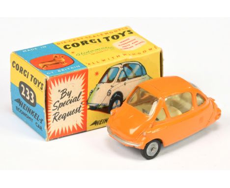 Corgi Toys 233 Heinkel Economy Car - orange body, lemon interior, silver trim and cast hubs - Excellent Plus in a Good Plus b