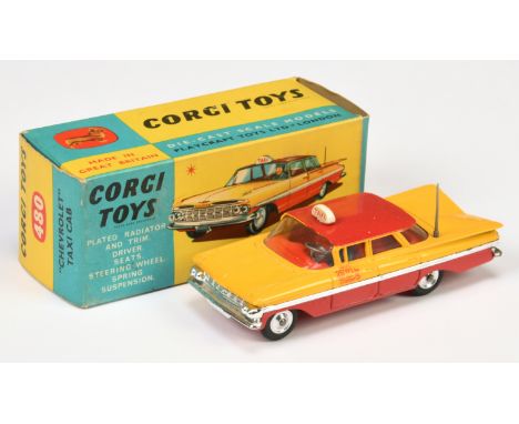 Corgi Toys 480 Chevrolet Impala - two-tone yellow and red, chrome trim and side flashes, red interior with figure driver, roo