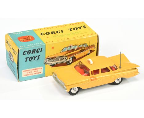 Corgi Toys 221 Chevrolet Impala "New York Taxi" - yellow body, red interior, roof box aerial, silver trim and side flashes, s