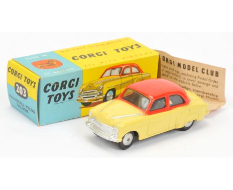 Corgi Toys 203 Vauxhall Velox Saloon - two-tone red over yellow, silver trim and bonnet flashes and flat spun hubs - Excellen