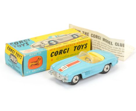 Corgi Toys 303S Mercedes 300SL Open Roadster "Competition Model" - light blue body, yellow interior, silver trim, racing No.1