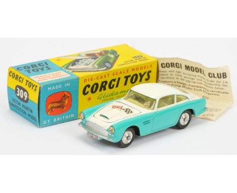 Corgi Toys 309 Aston Martin DB4 "Competition Model" - two-tone white and turquoise, lemon interior, open vent, spun hubs, wit