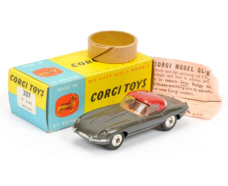 Corgi Toys 307 Jaguar E-Type - graphite grey body with plum red detachable hood, tan interior, silver trim and spun hubs - Ex