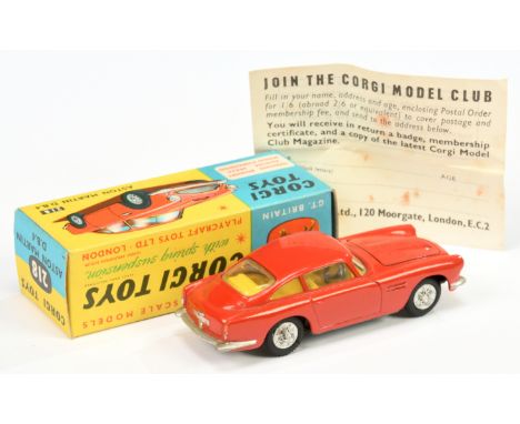 Corgi Toys 218 Aston Martin DB4 - red body with open vent, yellow interior, silver trim and criss-cross cast hubs - Near Mint