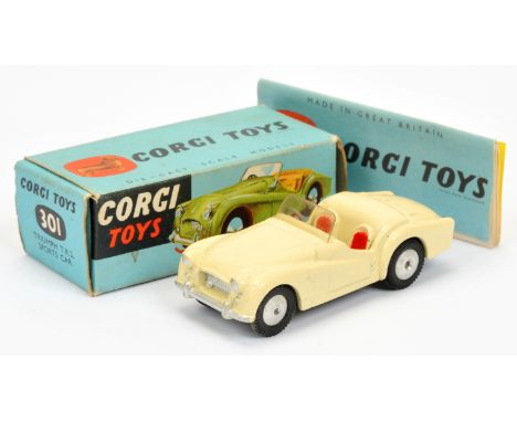 Corgi Toys 301 Triumph TR2 Sports Car - cream body, red seats, silver trim and flat spun hubs - Good Plus to Excellent still 