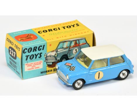 Corgi Toys 227 Morris Mini Cooper "Competition Model" - Blue body and bonnet with white roof,, lemon interior, silver trim, s