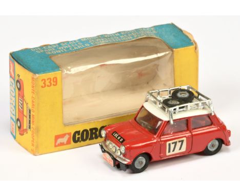 Corgi Toys 339 BMC Mini Cooper S "Rallye Monte-Carlo" - red body and interior, white roof with chrome rack with spare cast hu