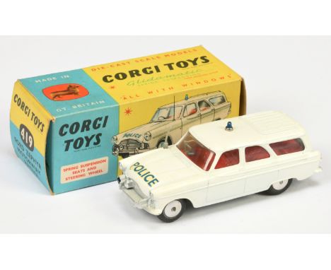 Corgi Toys 419 Ford Zephyr "Police" Car - white body, red interior, silver trim, grey aerial, small blue roof light and flat 