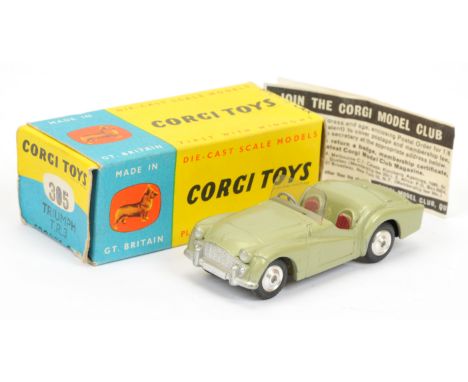 Corgi Toys 305 Triumph TR3 Sports Car - green body, red seats, silver trim and spun hubs - Excellent (some scratches on back 