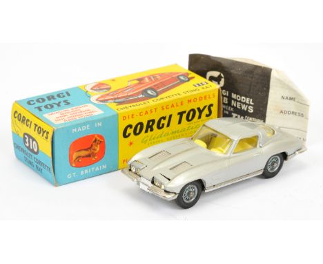 Corgi Toys 310 Chevrolet Corvette Stingray - metallic silver (champagne) See-Photo yellow interior, chrome trim and wire whee