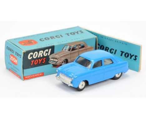 Corgi Toys 200M Ford Consul Saloon - blue, silver trim, mechanical motor and flat spun hubs - Near Mint in a Good Plus to Exc