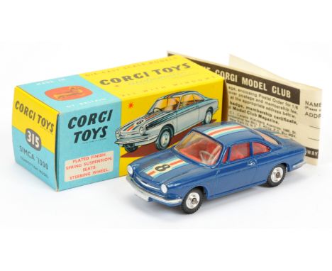 Corgi Toys 315 Simca 1500 "Competition Model" - blue body, red interior, silver trim, spun hubs and racing No.8 stripes - Exc