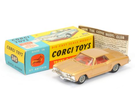 Corgi Toys 245 Buick Riviera - gold body, red interior, chrome trim, wire wheels, with (2nd issue revised) grey plastic tow h