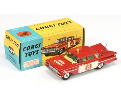 Corgi Toys 436 Chevrolet Impala "Fire Chief" Car - red body with white door panels, lemon interior with figures, silver trim 