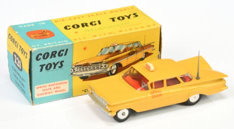 Corgi Toys 221 Chevrolet Impala "New York Taxi" - yellow body, red interior, roof box aerial, silver trim and side flashes, f