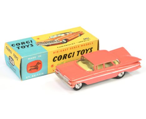 Corgi Toys 220 Chevrolet Impala - salmon pink body, lemon interior, silver trim and side flashes, spun hubs - Near Mint in a 