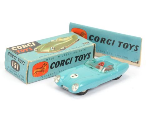 Corgi Toys 151 Lotus Mark 11 Le Mans Racing Car - drab light blue, red seats, silver trim, flat spun hubs and racing No.7 - E