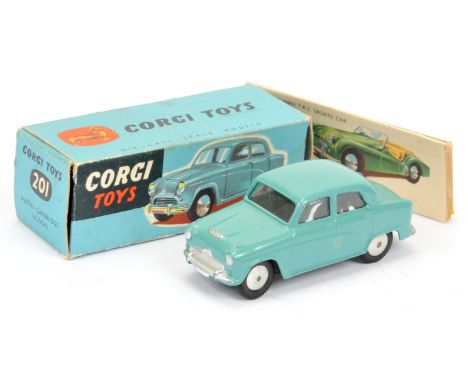 Corgi Toys 201 Austin Cambridge Saloon - turquoise, silver trim, spun hubs - Good Plus in a Good (slightly grubby) blue carde