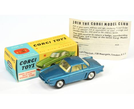 Corgi Toys 222 Renault Floride - blue body, lemon interior, silver trim and spun hubs - Excellent (some small marks on roof) 