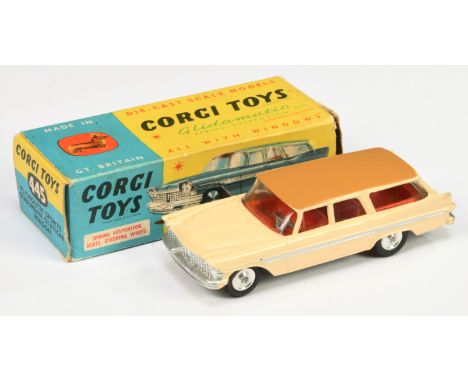 Corgi Toys 445 Plymouth Sports Suburban Station Wagon - cream body with tan roof, red interior, silver trim and side flashes 