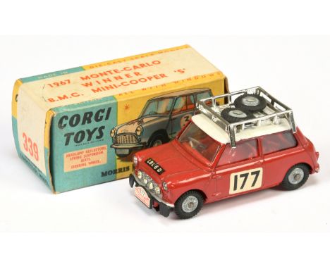 Corgi Toys 339 BMC Mini Cooper S "Rallye Monte-Carlo" - red body and interior, white roof with chrome rack and spare cast hub